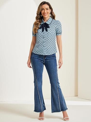 Allegra K Polka Dots Blouse for Women's Peter Pan Collar Bow Tie Neck Puff Sleeve Vintage Shirt Top thumbnail 3