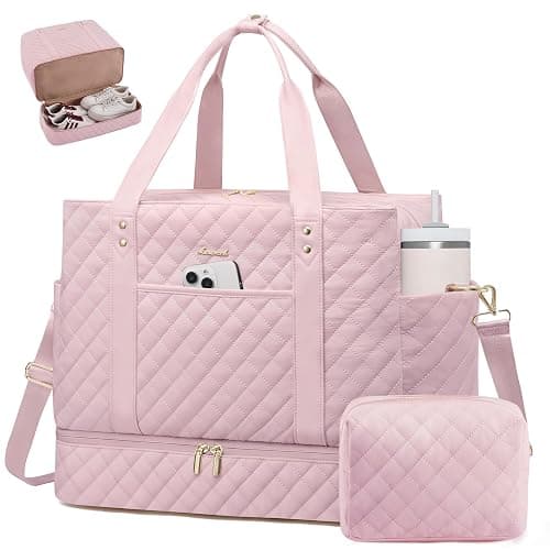 LOVEVOOK Large Travel Duffle Bag for Women, 45L Weekender Bags with Shoe Compartment & Wet Pocket, Quilted Carry On Personal Item Bag, Overnight Hospital Bags for Labor Delivery Pink - Image 1