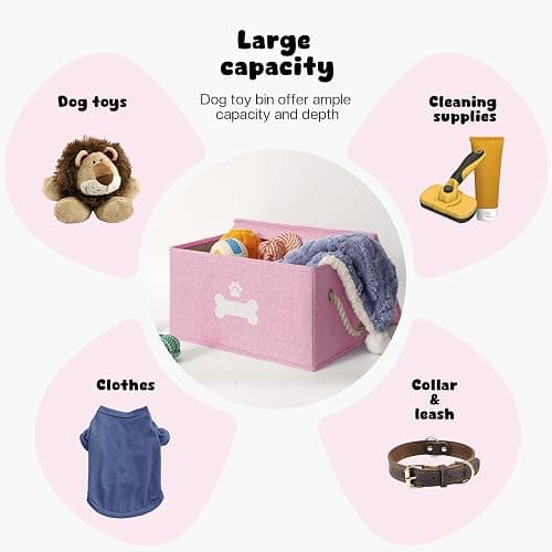 GreenPetopia Dog Toy Basket with Lid, Dog Basket for Toys, Dogs Toy Box with Cotton Rope Handles, Collapsible Storage Bins for Pet Toys, Dogs Storage Organizer, Pink thumbnail 4