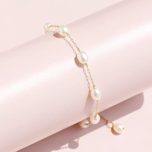 COMOTO Pearl Bracelet for Women 14K Gold Filled Freshwater Cultured Pearl Handmade Bracelet Tin Cup Pearl Bracelet Jewelry,7.0"+0.5"+0.5" thumbnail 5