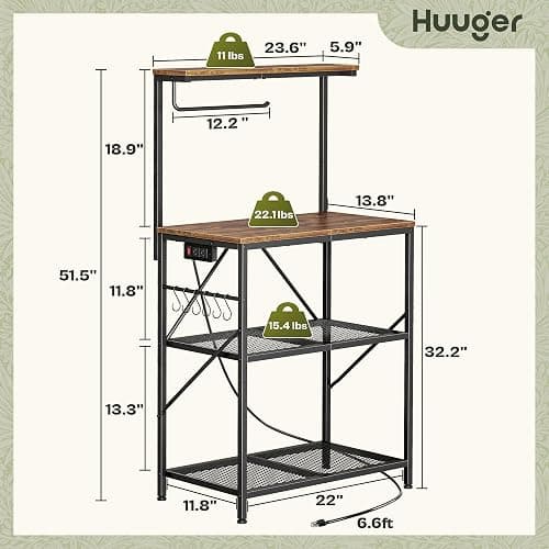 Huuger 4-Tier Bakers Rack with Reversible Power Outlet, 23.6 Inch Microwave Stand, Kitchen Coffee Bar, with Top Shelf, 6 S Hooks, Rustic Brown thumbnail 3