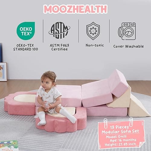 MOOZHEALTH 13 Pieces Foam Climbing Blocks for Toddlers 1-3|Floral Baby Soft Play Gym,Kids Indoor Crawing Climbers & Play Structures for Bedroom,Livingroom & Playroom,Pink & Beige - Pink+beige thumbnail 4