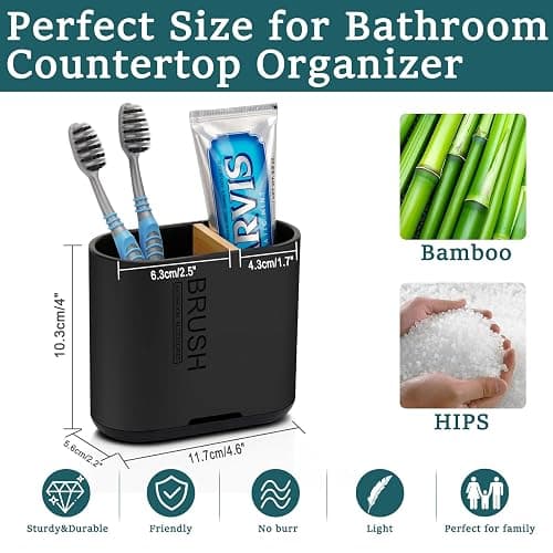 Toothbrush and Toothpaste Holder with Bamboo Divider for Bathroom Countertop Organizer, Detachable for Easy Clean, 2 Slots Electric Toothbrush Holders Storage Caddy Drainage for Family-Black thumbnail 3