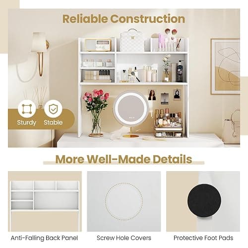 Tangkula Desktop Bookshelf for Computer Up to 32”, 37” Countertop Storage Hutch with 6 Storage Shelves, 3-Tier Desktop Organizer Display Rack, Wooden Desk Hutch for Dorm Home Office (White) thumbnail 9