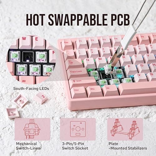 KiiBoom Moonshadow V2 75% Wireless Aluminum Gaming Keyboard, QMK&VIA Programmable, BT5.0/2.4GHz/USB-C, Hot-Swappable Creamy Mechanical Keyboard with FR4 Plate, Knob, 4000mAh Battery (Pink) thumbnail 5