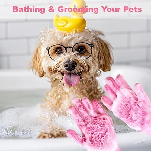 Kemodia 2 PCS Pink Pet Washing Gloves with Dog Bath Scrubber | Pink Pet Bath Set, Soft Silicone Gloves and Scrubber, Removes Dirt, Loose Hair, Dander Gentle Massage for Dogs & Cats thumbnail 6