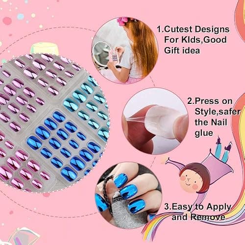 120 Pieces Fake Nails for Girls Metallic Mirror Chrome Kid Nails Press on Pre-glue Children Artificial False Nails Short Oval Full Cover Acrylic Stick on Nail Tips Kit for Little Girl Toys thumbnail 6