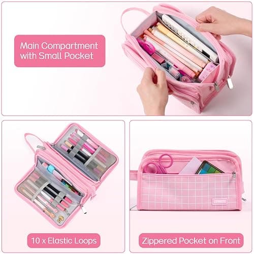 Sooez Large Pencil Case, Big Capacity Pencil Pouch Pen Bag with 3 Compartment, Portable Canvas Stationery Organizer with Zipper, Cute Aesthetic School Supplies for Teen Girls College, Pure Pink thumbnail 5