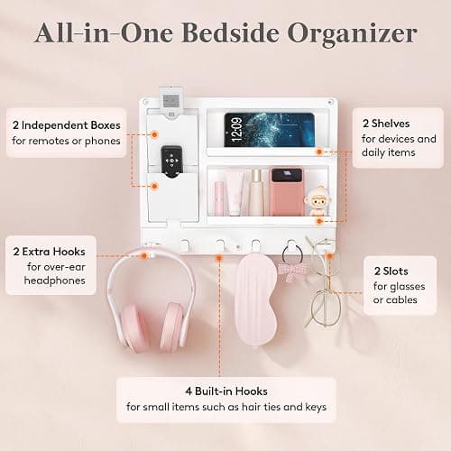 Lifewit Plastic Adhesive Bedside Shelf, Floating Pegboard Shelves, Key Remote Control Holder, Wall Organizer for Glasses, Phone, Earbuds, Bedroom Decor, Dorm Room Essentials, White thumbnail 7