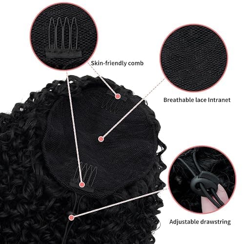 GOTEFERBE Kinky Curly Drawstring Ponytail 1B Off Black Afro Curl Synthetic Fiber Clip In Ponytail for Women Thick Coily Curls Natural Looking Hairpiece 18 Inch thumbnail 4