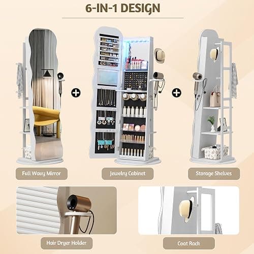 Vlsrka 360° Swivel Jewelry Aromire with Wavy Mirror, Lockable Jewelry Organizer Mirror Full Length, Rotatable Standing Mirror with Storage, Jewelry Cabinet, Interior Mirror, Flodable Shelf, White thumbnail 7