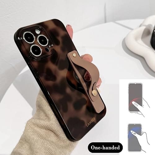 NITITOP Compatible with iPhone 12 Pro Max Case with Wrist Strap Cute Stylish Leopard Aesthetic Tortoise Amber Design for Women Girls Men Soft TPU Shockproof Protective Cover - Brown thumbnail 4