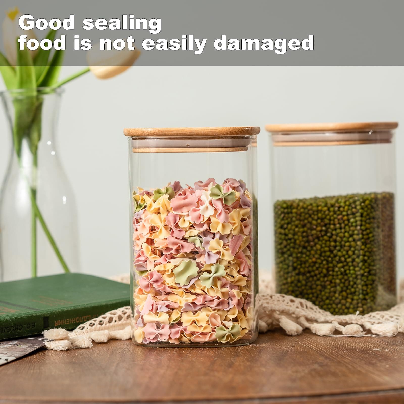 Liuruiyu Glass Food Storage Jars 37 oz Set of 6,Glass Storage Containers Clear Glass Food Canister with Bamboo Lid Airtight For Serving Tea,Coffee,Flour,Sugar,Candy,Cookie,Spice and More (Square) thumbnail 7