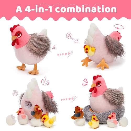 MaoGoLan 8Pcs Chicken Stuffed Animals, Stuffed Laying Hen Chicken Plush Toys with 3 Babies Chickens and 3 Eggs,1 Nest House Plush Set, Cute and Soft Farm Stuffed Animals Gift for Kids,Girls,Boys,Pink thumbnail 4