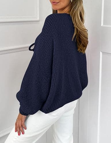 PRETTYGARDEN Women's Tie Front Bow Cardigan Sweaters Chunky Knit Long Puff Sleeve Trendy Fall Winter Jacket Coats thumbnail 2