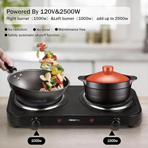MIOAOTCE Countertop Double Cast Iron Burner 1800 Watts Electric Hot Plate with Adjustable Temperature 6.1" Cooktop for Dorm, Office, Home, Camp, Compatible for All Cookwares thumbnail 3