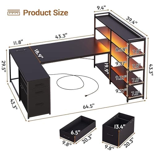 SEDETA L Shaped Gaming Desk, Reversible U Shaped Computer Desk with Power Outlet and Storage Shelves, Corner Gaming Desk with LED Lights, 3 Fabric Drawers, Black thumbnail 2