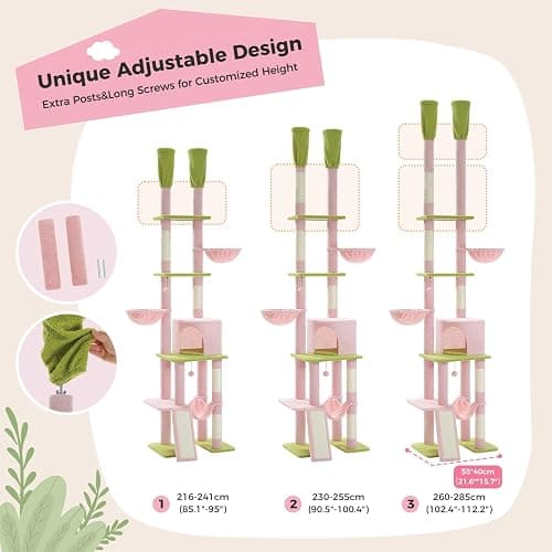 PAWZ Road Pink Cat Tree, Floor to Ceiling Cat Tower with Adjustable Height(85-112 Inches), 7 Tiers Climbing Activity Center with Cozy Hammocks, 5 Platforms and Scratching Posts for Indoor Cats-Pink thumbnail 2