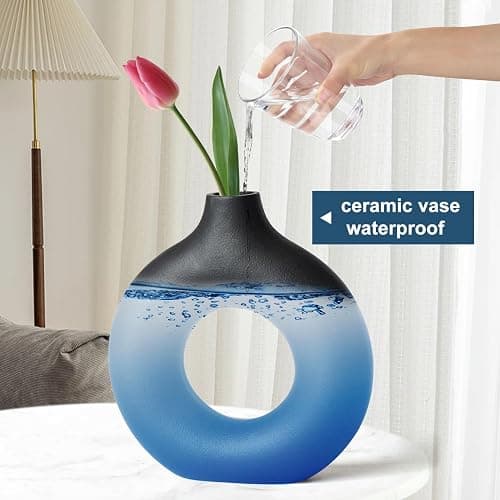 Hanaomaoyi Black Ceramic Donut Vase Set of 2, Hollow Round Matte Pampas Flower Vases for Boho Home Wedding Party Room Dinner Table Shelf Decor.（Black） thumbnail 7
