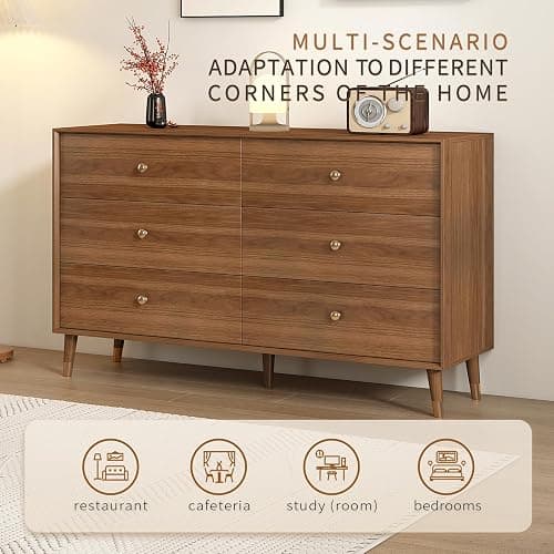 Messenya Dresser for Bedroom, 47 Inch 6 Drawer Wooden Chest of Drawers | FSC Certified Mid Century Modern Walnut Finish Wooden Dresser with Tapered Legs, Easy Assembly, Clearance for Robot Vacuum thumbnail 5