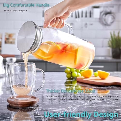 Bivvclaz 2 Liter 68 oz Glass Pitcher with Lid and Handle, Glass Carafe for Hot/Cold Water, Large Iced Tea Pitcher for Coffee, Juice and Homemade Beverage thumbnail 4
