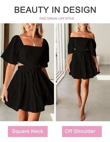 Wimsihal Women's Summer Dresses Square Neck Casual Short Sleeves Elastic Waist Party Mini Dress thumbnail 4