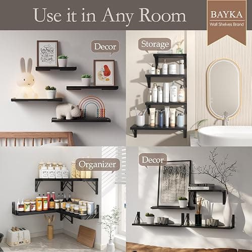 BAYKA Wall Mounted Floating Shelves, Wood Floating Wall Shelf for Books & Decor, Small Space-Saving Display & Organizer（Black，Set of 4） thumbnail 3