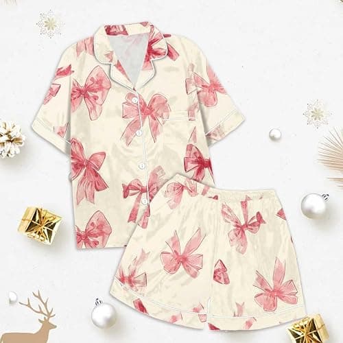 Pink Puff 2 Piece Outfits for Girls Bow Printed Pajam𝙖 Set Silk Lapel Button Down Short Sets Cute Preppy Clothing Sets 2-13Y thumbnail 3