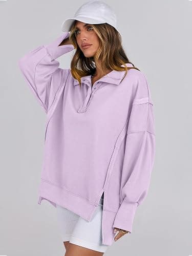 ANRABESS Women's Sweatshirts Oversized Casual Loose Button Up Henley Pullover Top High Low Split 2025 Fall Fashion Outfits thumbnail 4