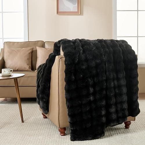 Wajade Fluffy Faux Fur Throw Blanket for Couch Bed 50x60 Inches, Luxury Ultra Soft Thick Fuzzy Plush Bubble Blanket, Reversible Warm Cozy Blanket for Sofa Chair, Black thumbnail 7
