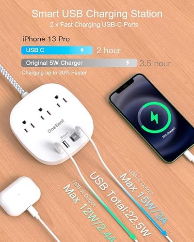 One Beat Flat Plug Power Bar with USB C, 6FT Ultra-Thin Extension Cord, 3 Outlet with 4 USB Ports (2 USB C) Desktop Charging Station, No Surge Protection for Cruise Ship, Travel Essentials, Dorm Room thumbnail 2