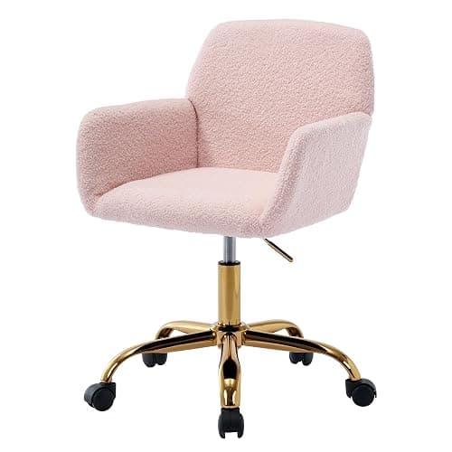 Homedraft Faux Fur 360°Swivel Desk Chair, Height Adjustable Home Office Armchair with Gold Base for Teens Women Girls, Upholstery Computer Chair for Home Studios, Sherpa & Light Pink - Image 1