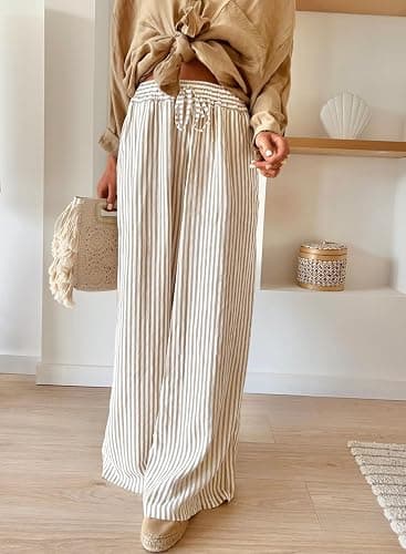 Acelitt Women Casual Drawstring Elastic Waist Striped Wide Leg Pants with Pockets, S-XXL thumbnail 3