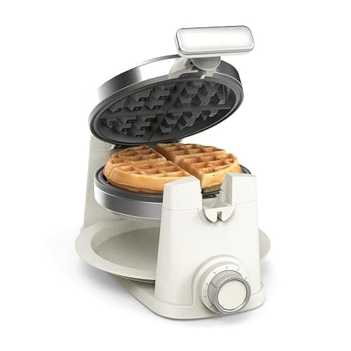 Martha Stewart Rotating Waffle Maker, Ceramic Nonstick Plates, Linen Cream | PFAS-Free Ceramic Nonstick 1" Deep Plates, 180° Flip for Even Browning, Classic Round Waffles, Crisp Level Timer, Drip Tray - Image 1