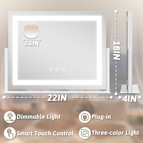 ROLOVE Vanity Mirror with Lights 22"x18", Lighted Makeup Mirror with 10X Magnification, Smart Touch 3 Colors Dimmable, 360° Rotation, Women Gift, Dresser Mount, Bathroom (White) thumbnail 2