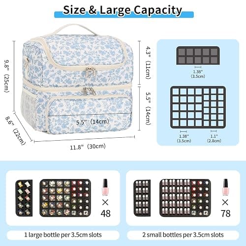 CUBETASTIC Nail Polish Organizer & Storage Bag for 48 Bottles & Full-Size Lamp, Double-Layer Travel Case Box for Nail Supplies, Manicure Kit & Pedicure Tools (Blue Floral, 48 Slots) thumbnail 4