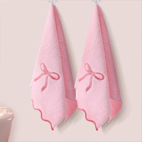 Fanfanwin 2 Pcs Pink Bow Scalloped Hand Towels for Bathroom 26 x 13 Inch Soft Embroidery Cute Coquette Bath Towels Fingertip 100% Cotton Soft Absorbent Boho Bath Decor for Kitchen Bathroom thumbnail 5