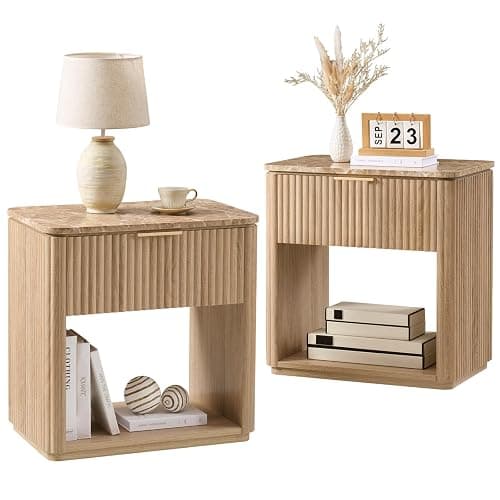 Fluted Nightstand Set of 2, Bedside Table with Faux Marble-Top, Engineered Wood Side Table with Drawer Open Shelf, Curved Corners, Modern Night Stand for Bedroom, Small Spaces, Natural Oak - Image 1