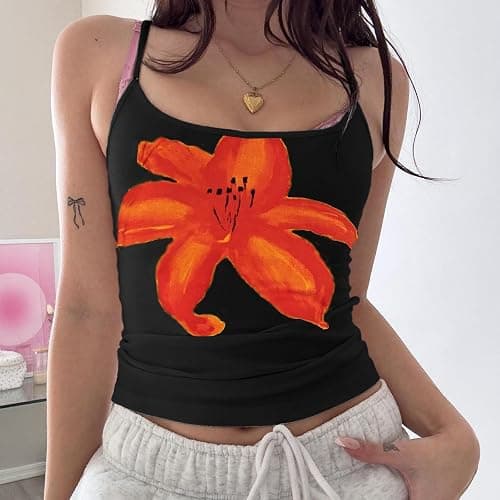Women Y2k Floral Print Cami Tank Top Scoop Neck Spaghetti Strap Camisole Slim Fit Crop Vintage Going Out Streetwear thumbnail 2