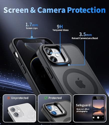 Norllben Magnetic for iPhone 12 Mini Case with Stand, Compatible with Magsafe, Military Protection & Camera Lens Protector Translucent Matte Case,Black thumbnail 6