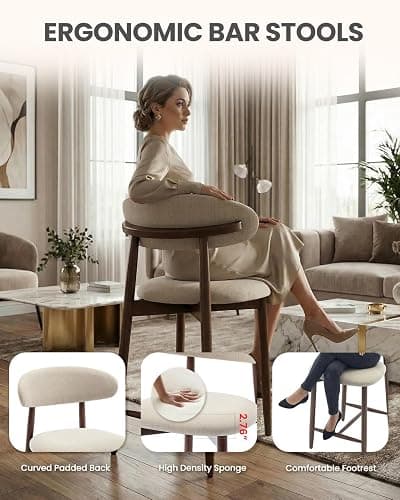 Homixis Bar Stools Set of 3, 25.6″ Counter Height Bar Stools with Wood Legs, Upholstered Modern Kitchen Barstools for Kitchen Island Dining Room Bar, Beige thumbnail 4