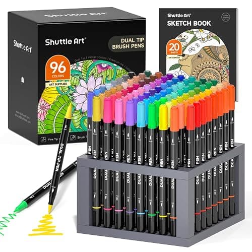 Shuttle Art Dual Tip Brush Pens, 96 Colours Fine and Brush Tip Markers Set with Pen Holder & 1 Colouring Book, Felt Tip Colouring Pens for Adults and Children Colouring Calligraphy Journal Doodling - Image 1