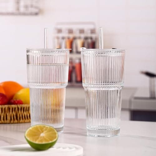 SIPBYSOP 4PCS Ribbed Glass Cups with Lids and Straws, 20oz Vintage Drinking Glasses, Aesthetic Iced Coffee Cups, Glass Tumbler for Boba, Beer, Tea, Cocktails, Ribbed Glassware Set,Clear thumbnail 2