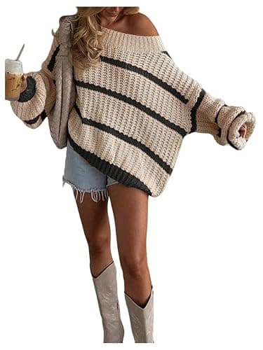 Verdusa Women‘s Off The Shoulder Sweater Striped Color Block Chunky Oversized Cozy Sweaters Winter Clothing - Image 1