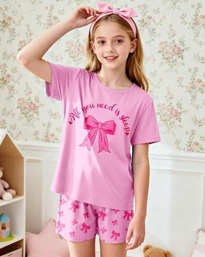 Sylfairy Girls Pajamas Sets Short Sleeve Summer Pjs for Girls Bow Sleepwear Kids Clothes Sets Size 3-16 thumbnail 2