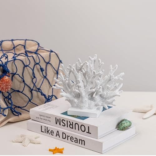 Elegondrar 5.8" H White Coral Decor, Resin Coral Statue, Nautical Decorations for Home, Bedroom, Bathroom, Living Room, Beach/Coastal/Ocean Themed Cabinet Shelf Tabletop Decor thumbnail 5