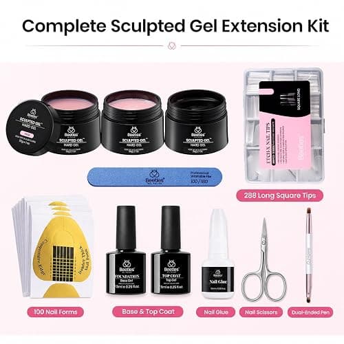 Beetles Hard Gel Nail Extension Kit, 3 Color Builder Gels & Half Cover Tips | Clear Nude Glitter for Nail Extension Sculpting, with Long Square Nail Tips, Base & Top Coat for Pros Women, UV&LED Cured thumbnail 3