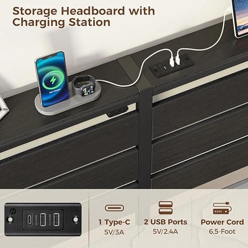 Rolanstar Bed Frame Twin Size with USB Charging Station, LED Bed Frame with Wood Storage Headboard, Black Metal Platform Bed with Under Bed Storage, No Box Spring Needed, Noise Free thumbnail 4
