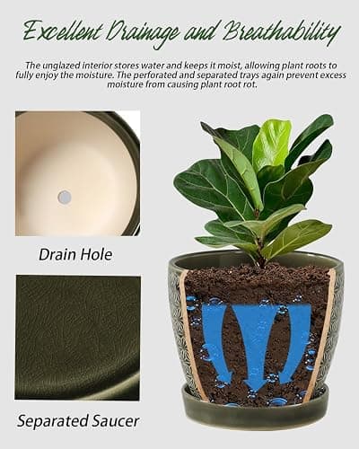 Plant Pots, Flower Pots, Planters for Indoor Plants(6.5+5.5inch), Flower Pots for Indoor Plant with Drainage Hole and Saucer, Ceramic Pots for Plants with Hole Mesh Pad,Reactive Glaze Green thumbnail 5