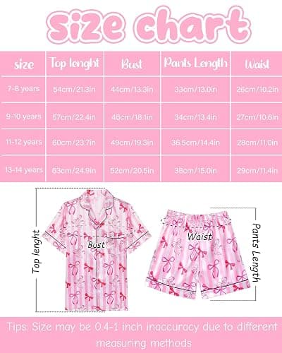 Sylfairy Girls Pajamas Silk PJS Set Pink Bow Satin Sleepwear Short Sleeve Jammies for Kids Button-Down Nightwear size 7-14 thumbnail 7